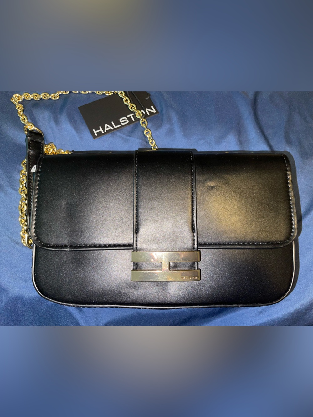Halston Black Leather Shoulder Bag with Gold Chain Strap